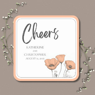 Cheers Elegant Peach Floral Poppies Wedding Square Paper Coaster