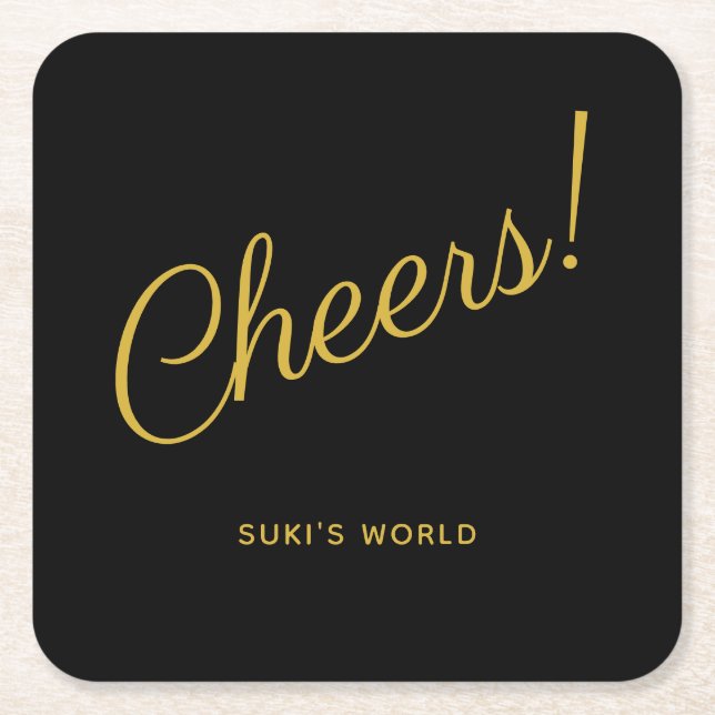 Cheers! Elegant Personalised Black Square Paper Coaster (Front)
