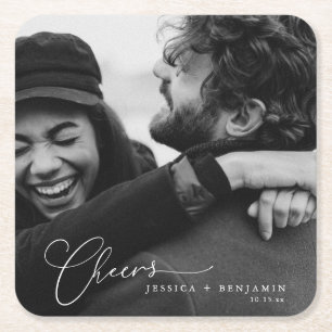 Cheers Elegant Photo Script Names Modern Wedding Square Paper Coaster