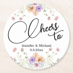 cheers elegant watercolor floral wedding  round paper coaster