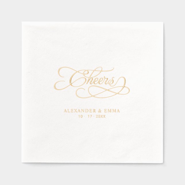 Cheers Elegant Wedding Calligraphy Real Gold Foil Napkins (Front)