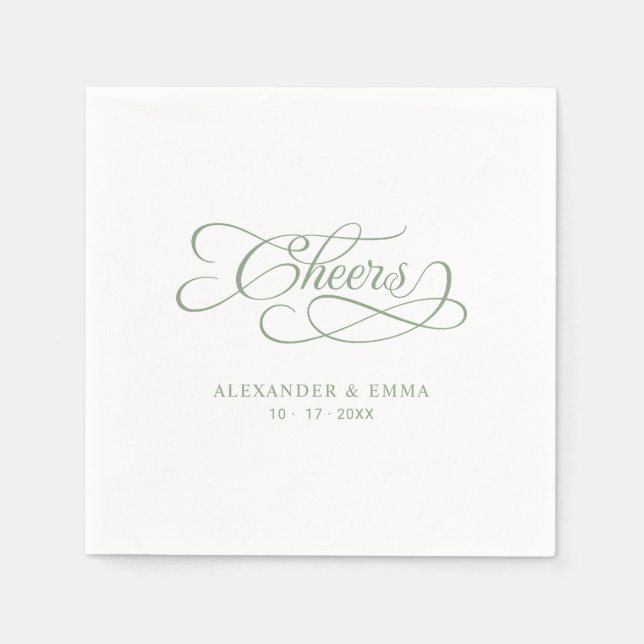 Cheers Elegant Wedding Sage Green Calligraphy Napkin (Front)