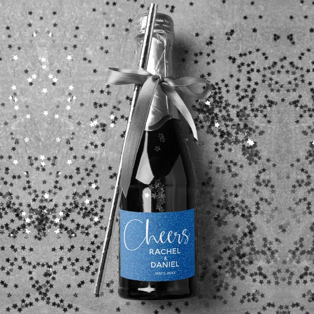 Cheers Faux BLUE GLITTER Wedding Mini Sparkling Wine Label (Cheers blue faux glitter mini sparkling wine labels personalized for your wedding)