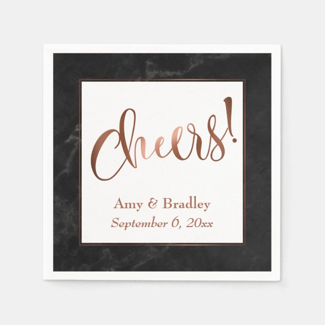 "Cheers!" Faux Copper Script over Black Marble Napkin (Front)