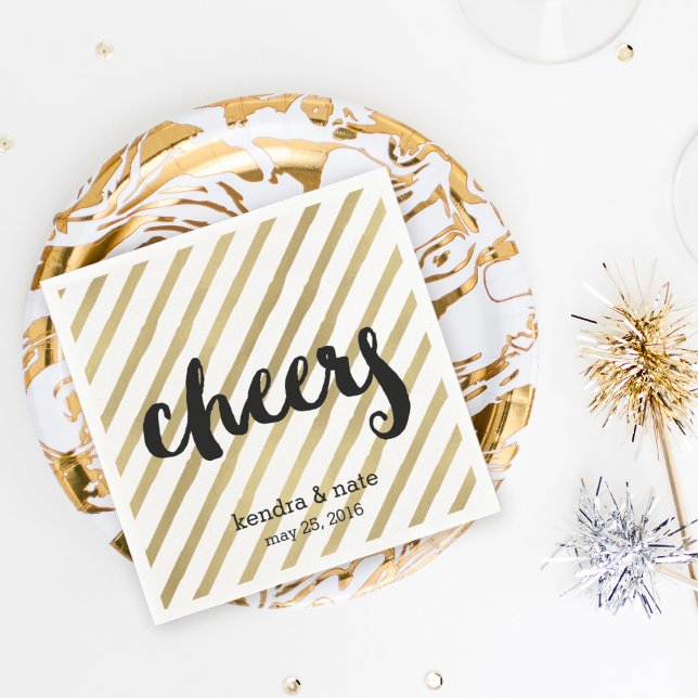 Cheers | Faux Gold Stripe Wedding Engagement Napkin (Creator Uploaded)