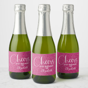 Cheers Faux Pink GLITTER Birthday Mini Sparkling Wine Label