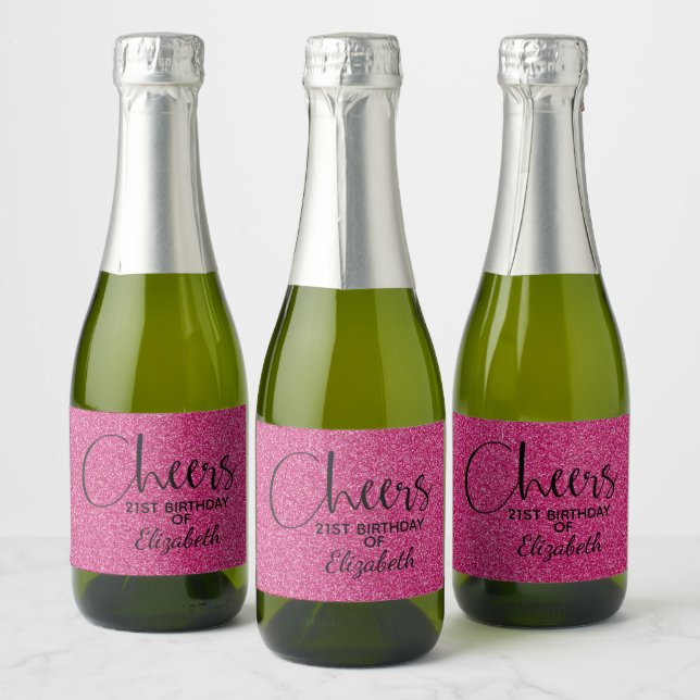 Cheers Faux Pink GLITTER Birthday Mini Sparkling Wine Label (Bottles)