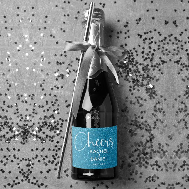 Cheers Faux TURQUOISE GLITTER Wedding Mini Sparkling Wine Label (Cheers turquoise faux glitter mini sparkling wine labels personalized for your wedding)