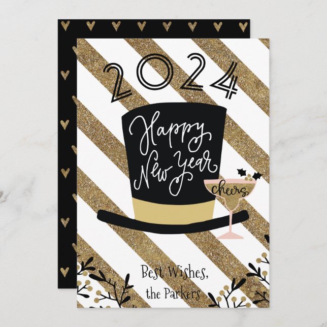 Cheers | Festive Gold Stripe Happy New Year Holiday Card (Front/Back)