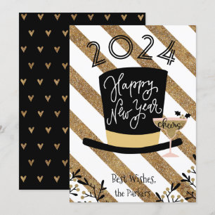 Cheers   Festive Gold Stripe Happy New Year Holiday Card
