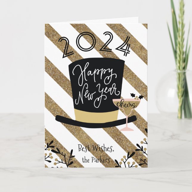 Cheers | Festive Gold Stripe Happy New Year Holiday Card (Front)