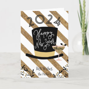 Cheers Festive Gold Stripe Happy New Year Holiday Card