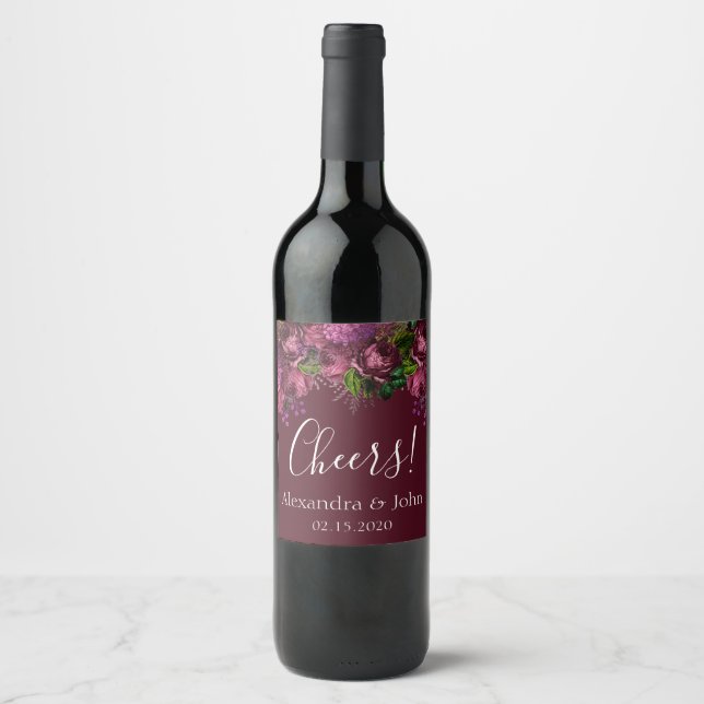 Cheers Floral Marsala Burgundy Wine Label (Front)