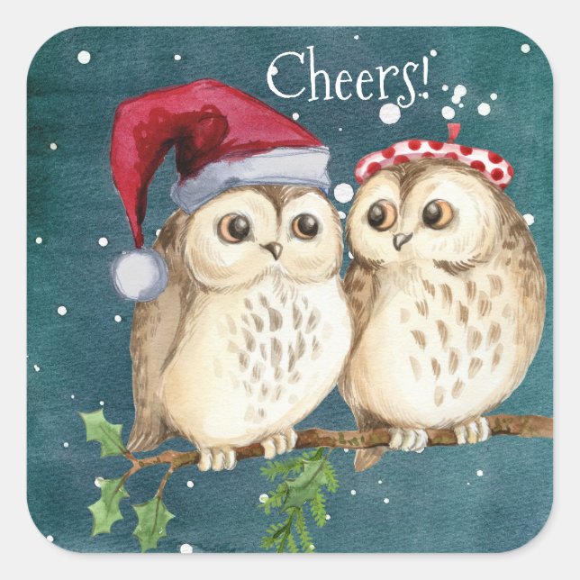 Cheers From the Christmas Owl Couple Square Sticker (Front)