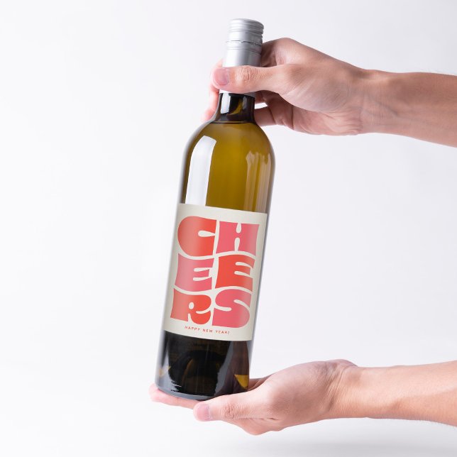 Cheers fun funky red pink retro New Year's Wine Label (Creator Uploaded)