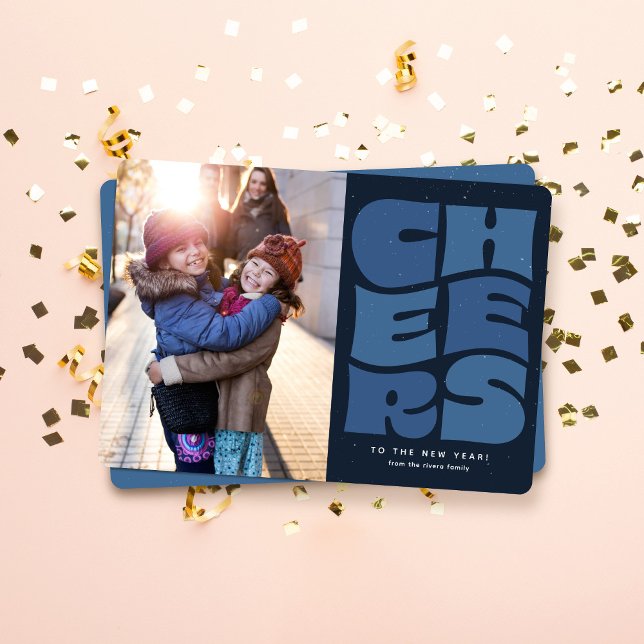 Cheers fun groovy retro navy blue New Year photo Holiday Card (Creator Uploaded)