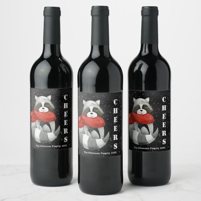 Cheers Funny Christmas Racoon Wine Labe Wine Label (Bottles)