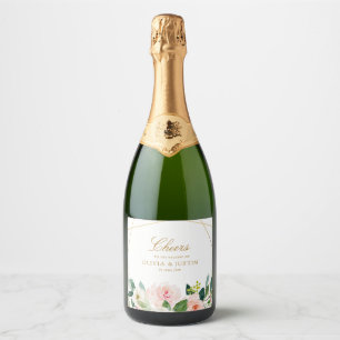 CHEERS   geometric gold & blush floral wedding Sparkling Wine Label