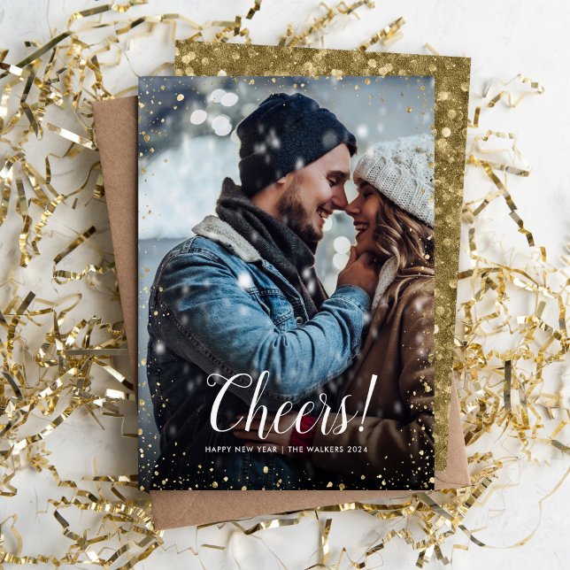 Cheers | Glitz Faux Glitter Photo Overlay New Year Holiday Card (Creator Uploaded)