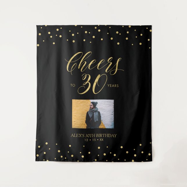 Cheers | Gold & Black 30th Birthday Party Photo Tapestry (Front)