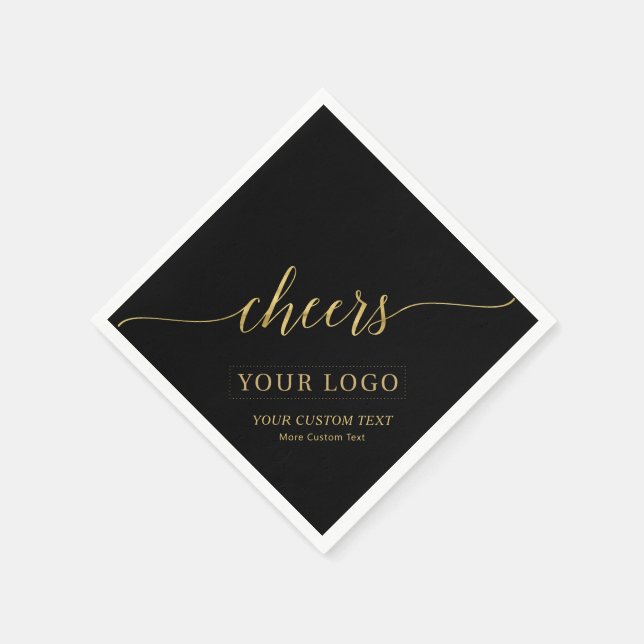 Cheers | Gold & Black Business Logo Custom Text Napkin (Corner)