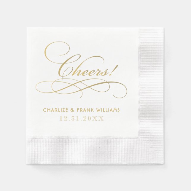 Cheers Gold Calligraphy Custom Wedding Napkin (Front)