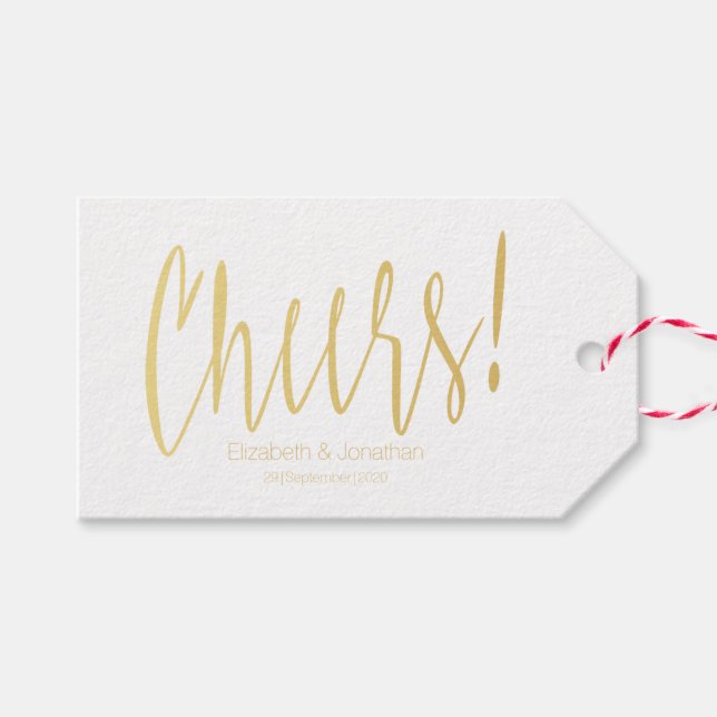 Cheers Gold Calligraphy Wedding Favor Tag (Front (Horizontal))