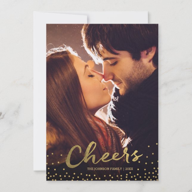 Cheers | Gold Confetti Holiday Photo Card (Front)
