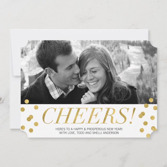 Cheers! Gold Confetti New Years Photo Holiday Card (Front)