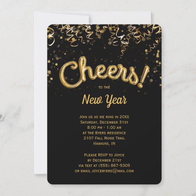Cheers! Gold Foil Balloon New Year's Eve Invitation (Front)