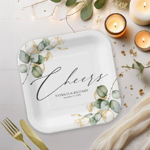 Cheers Gold Greenery Wedding Paper Plate