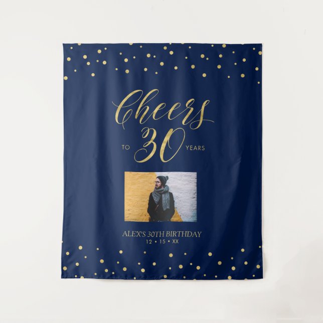 Cheers | Gold & Navy 30th Birthday Party Photo Tapestry (Front)