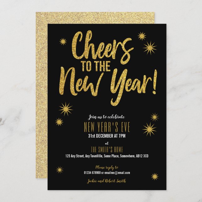 Cheers Gold on Black New Year's Eve invitation (Front/Back)