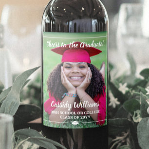 Cheers Graduation 1 Photo Elegant White Script Wine Label