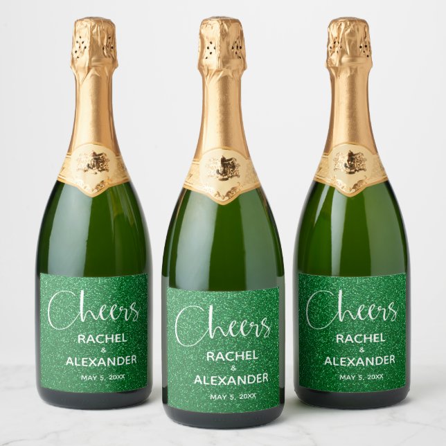 CHEERS Green Glitter Wedding Sparkling Wine Labels (Bottles)