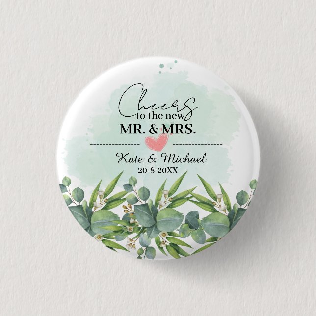 Cheers Greenery Eucalyptus Botanical Wedding  Butt 3 Cm Round Badge (Front)