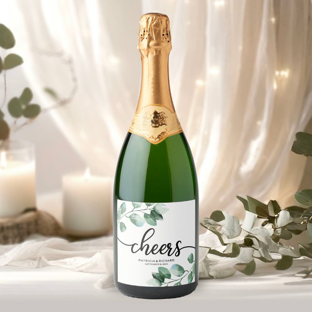 Cheers - Greenery Eucalyptus Calligraphy Wedding Sparkling Wine Label (Creator Uploaded)