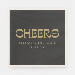 Cheers Groovy Black Gold Typography Names Wedding Napkin