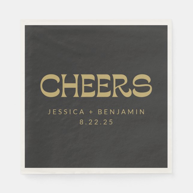 Cheers Groovy Black Gold Typography Names Wedding Napkin (Front)