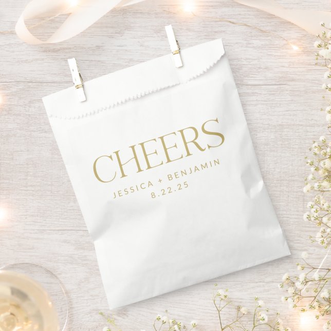 Cheers Groovy Gold Typography Custom Wedding Favour Bags (Clipped)