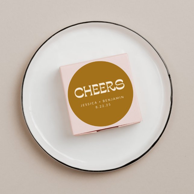 Cheers Groovy Gold Typography Names Wedding Custom Classic Round Sticker (Creator Uploaded)