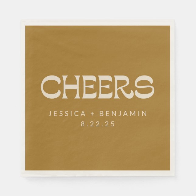 Cheers Groovy Gold Typography Names Wedding Napkin (Front)