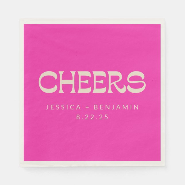 Cheers Groovy Hot Pink Typography Names Wedding Napkin (Front)