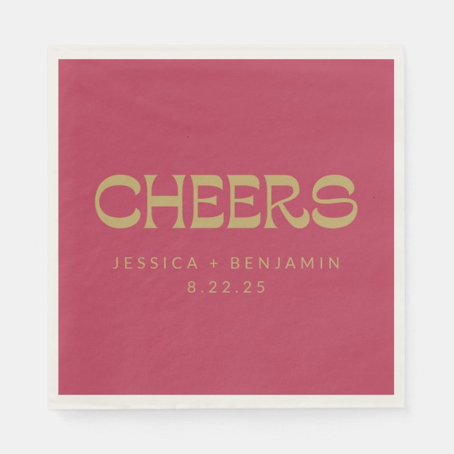 Cheers Groovy Magenta Gold Typography Name Wedding Napkin (Front)