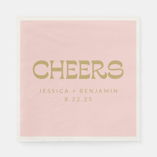 Cheers Groovy Pink Gold Typography Names Wedding  Napkin (Front)