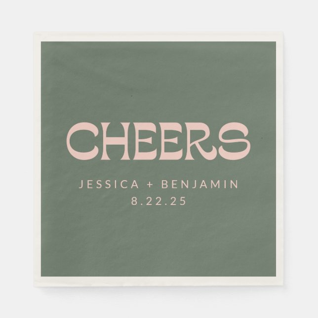 Cheers Groovy Pink Green Typography Names Wedding  Napkin (Front)