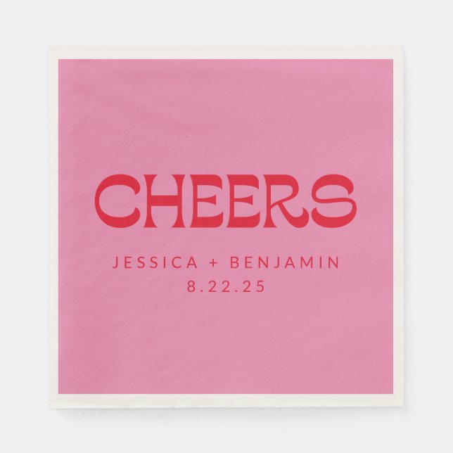 Cheers Groovy Pink Red Typography Names Wedding Napkin (Front)