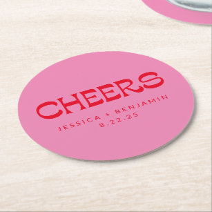 Cheers Groovy Pink Red Typography Names Wedding  Round Paper Coaster