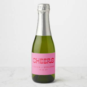 Cheers Groovy Pink Red Typography Names Wedding Sparkling Wine Label