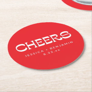 Cheers Groovy Red White Typography Names Wedding Round Paper Coaster